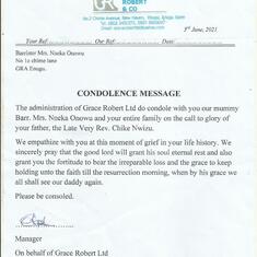 CONDOLENCE MESSAGE FROM MANAGEMENT AND STAFF OF GRACE ROBERT LTD