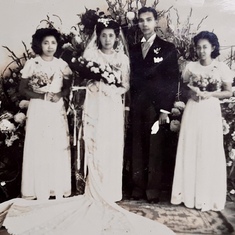 1944 , on the right , bridesmaid at her cousin’s wedding. 