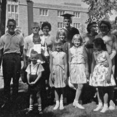 Graduation from St Thomas MA course, June 1964, with family, parents, mother-in-law Lucille, sister Cathy, and Evans family
