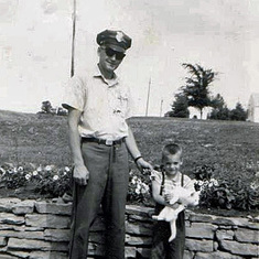 Tom in Pinkerton guard uniform (one of his many moonlighting jobs), with Kevin and Kitty, summer 1964