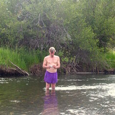 Tim in the Middle Fork of the John Day River (relaxing after the annual Boulder Creek Pie Social and helping Bend N Strings set-up).