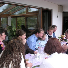 Family feast in Germany. Tim explaining about wines.