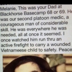 This was sent to Melanie by Lee Hunnicutt, who served in Vietnam with Tom.