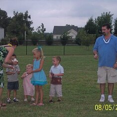 Aunt Tine and Elizabeth's birthday party...the "kids" getting ready for the spoon race.  Notice the big kid!