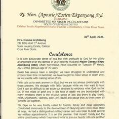 LETTER OF CONDOLENCE FROM RT. HON. (APOSTLE) ESSIEN AYI