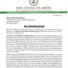 Condolence Message courtesy of Rt. Hon. (Ntufam) Eta Mbora - MHR.