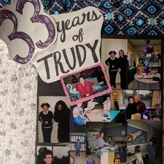 Photo collage celebrating Trudy's 33 year work anniversary at Woodbridge Children's Center; 2015