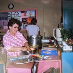 Trudy in one of her favorite places, the kitchen at Woodbridge Children's Center, 1995