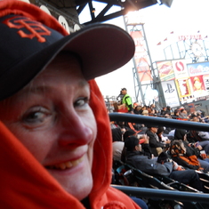 Freezing with Barbara at a Giants game.