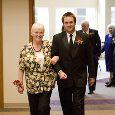 Aug 2008: walking with grandson Matt at grandson Sean's wedding