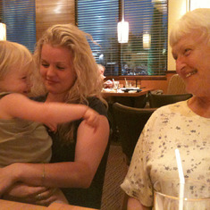 Sept 2009: Family dinner for grandson Matt's birthday. In picture is great granddaughter Bella, Granddaughter-in-law Lacey, and Violet