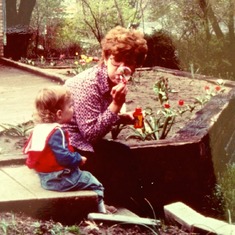 In her garden with Timmy