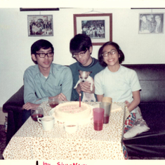Viv, Buck, & Eddie celebrate our Chihuahua Lily's birthday, 1972.