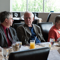 Peter Denton, Jim, and Jean at Jim's 90th birthday lunch in Winnipeg, 2013-05