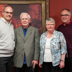 Peter Farris-Manning, Jim, Mona Denton, and Kevin Farris Jim's 90th birthday lunch in Winnipeg, 2013