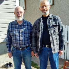 Dad grew a very floofy beard for a while. With Dylan's dad, Tom Lampman, during a backyard BBQ, 2017. We told them we loved how they didn't even plan to wear their matching plaid shirts!!