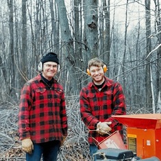 Walter and Greg chipping wood.