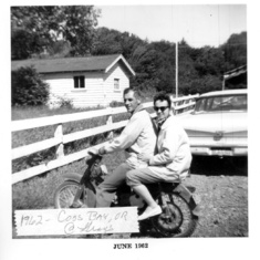 June 1962 Dad & Mom on Motorcycle.  Taken at the Gray's place near Coos Bay Oregon.