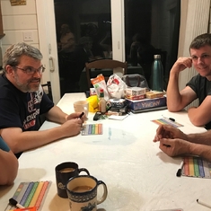 2019 (Potomac, MD): Stephanie, John Conger, Aaron Whittier and Warren playing a card game.