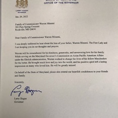 Letter of condolence from Gov. Larry Hogan