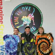 Wayne, Bonnie Heldman and Val, rainy day Tye-Dye Lab fun 2017, 90 yrs old