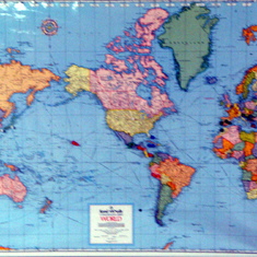 Map of the world with their travels pinned