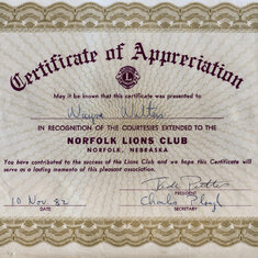 Certificate of Appreciation from the Norfolk Lion's Club
