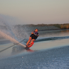 Pulling hard in the Sacramento Delta on a waterski vacation with friends.