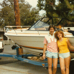 Wendy and friend Ken Smyth on the way to ski on Lake Folsom, Granite Bay, 1980