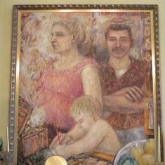A painting of Wesley II, Wesley III, and Ellen (pregnant with Hoyt)