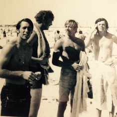 Woody with Arthur Mack, Bill Miller, and Michael Famiglietti, Jones Beach, ca. 1970