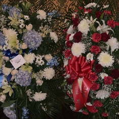 Funeral/Viewing Blue & White Spray from Karen, Mani & Chae and  Red Rose’s From Titi Jenn 4/5/21