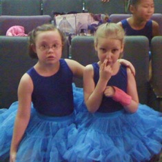 With Maggie,her best friend at a ballet dress rehearsal